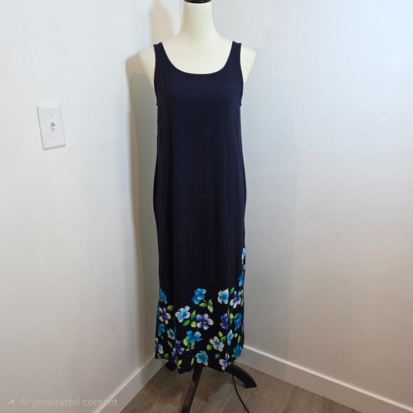 Vintage Sun Dress Navy Floral Hawaiian Medium Soft Rayon Summer Tank Made USA - Picture 1 of 7
